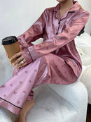 Women Pajamas Satin-Like Heart Print Long Sleeve