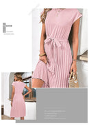 Elegant Women Summer Casual Beach Sundress Short Sleeve Pleated Midi Dress