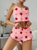 Women's Strawberry Print Ribbed Knit Ice Silk Camisole Pajama
