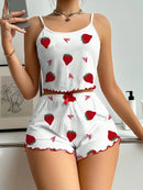 Women's Strawberry Print Ribbed Knit Ice Silk Camisole Pajama