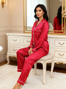 Women Pajamas Satin-Like Heart Print Long Sleeve