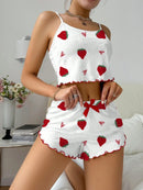 Women's Strawberry Print Ribbed Knit Ice Silk Camisole Pajama