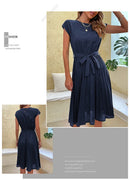 Elegant Women Summer Casual Beach Sundress Short Sleeve Pleated Midi Dress