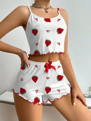 Women's Strawberry Print Ribbed Knit Ice Silk Camisole Pajama