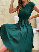 Elegant Women Summer Casual Beach Sundress Short Sleeve Pleated Midi Dress