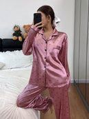 Women Pajamas Satin-Like Heart Print Long Sleeve