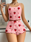Women's Strawberry Print Ribbed Knit Ice Silk Camisole Pajama