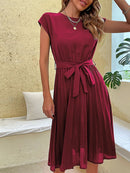 Elegant Women Summer Casual Beach Sundress Short Sleeve Pleated Midi Dress