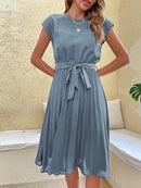 Elegant Women Summer Casual Beach Sundress Short Sleeve Pleated Midi Dress