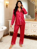 Women Pajamas Satin-Like Heart Print Long Sleeve