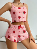 Women's Strawberry Print Ribbed Knit Ice Silk Camisole Pajama