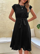 Elegant Women Summer Casual Beach Sundress Short Sleeve Pleated Midi Dress