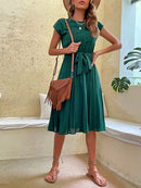 Elegant Women Summer Casual Beach Sundress Short Sleeve Pleated Midi Dress