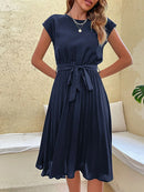 Elegant Women Summer Casual Beach Sundress Short Sleeve Pleated Midi Dress