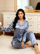 Women Pajamas Satin-Like Heart Print Long Sleeve
